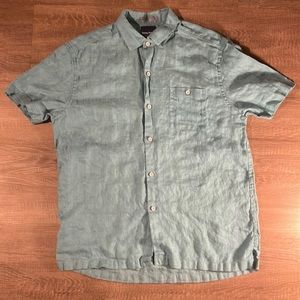 Tommy Bahama Like New 100% Linen Turquoise Teal Button-Up Short Sleeve Shirt